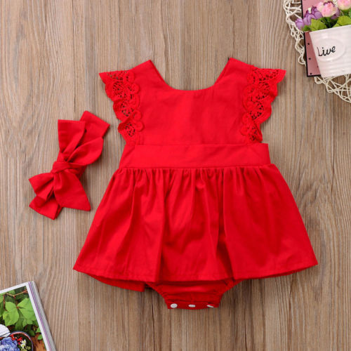 Christmas Ruffle Red Lace Romper Dress Baby Girls Sister Princess