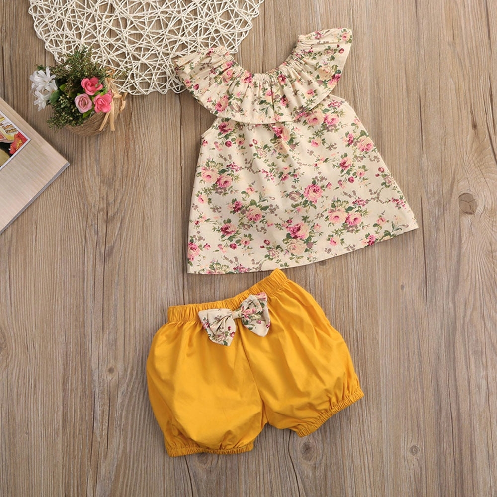 Toddler Kids Girl Floral Sleeveless Tops + Bow Shorts Pants